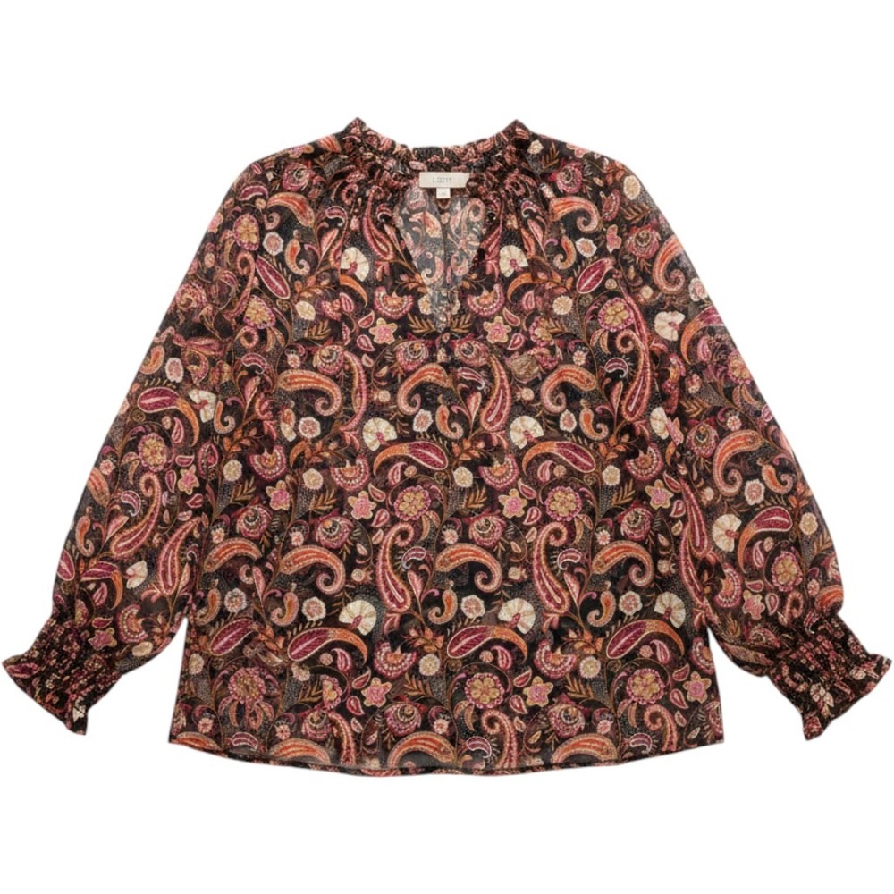 LOFT L Black Paisley Floral Womens Long Sleeve Blouse Boho Casual Top